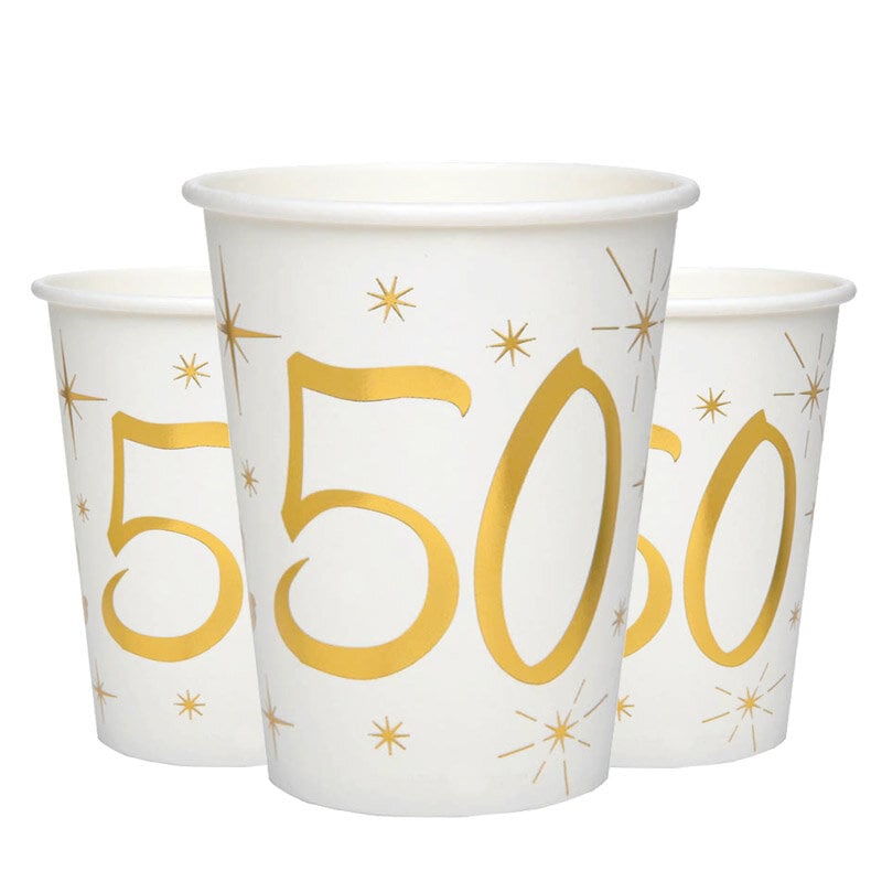 Bekers Wit & Goud 50e verjaardag 10 stuks