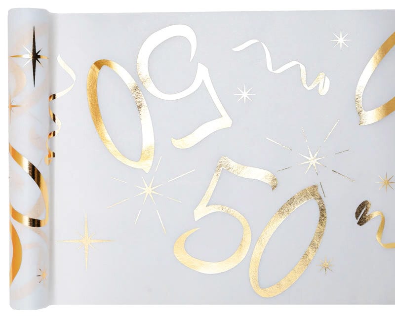 Tafelloper 50 jaar goud wit stof 5 meter