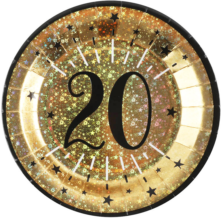 Goudglitter borden 20-jarig feest 10 stuks