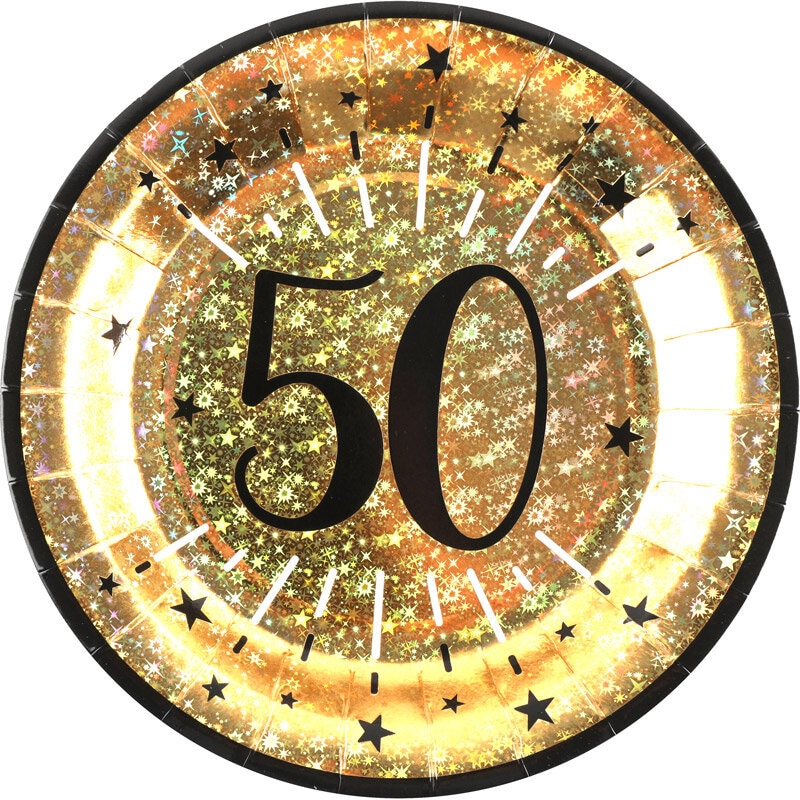 Goudglitter borden 50-jarig feest 10 stuks
