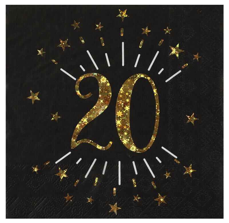 Servetten Zwart & Goud 20-jarig feest 10 stuks