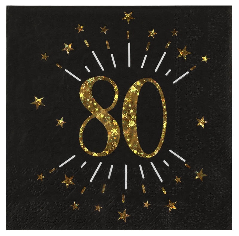 Servetten Zwart & Goud 80-jarig feest 10 stuks