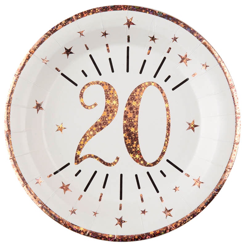 Roségoudglitter bordjes 20 jaar 10 stuks