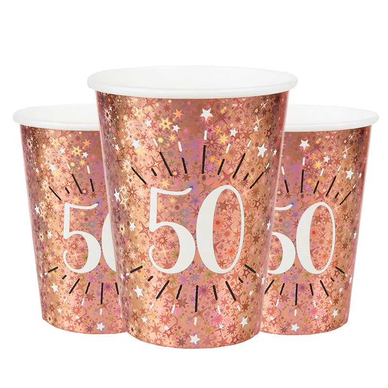 Roségoudglitter bekers 50 jaar 10 stuks