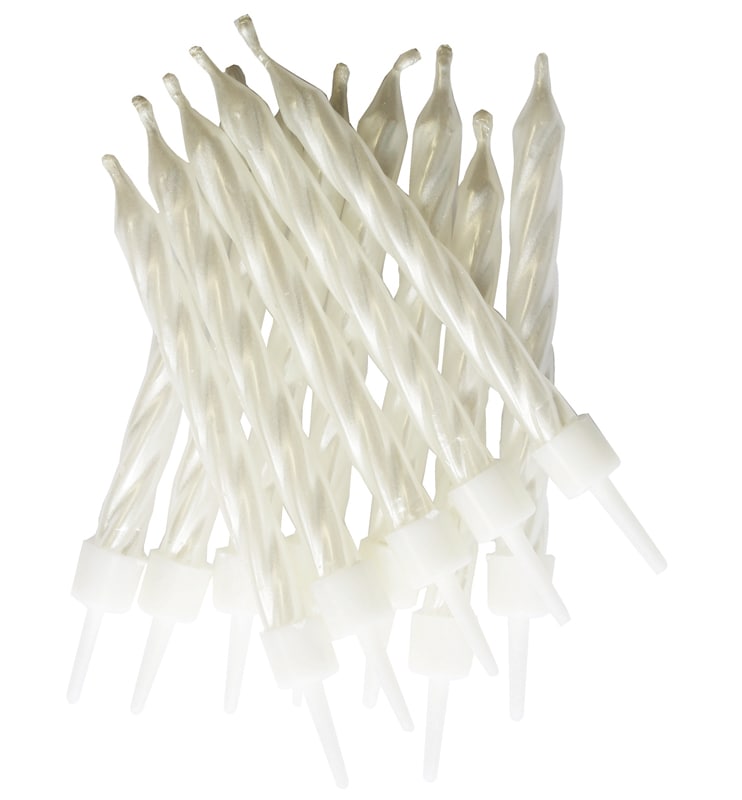 Witte parelmoer taartkaarsjes met spiraalvorm 12 stuks