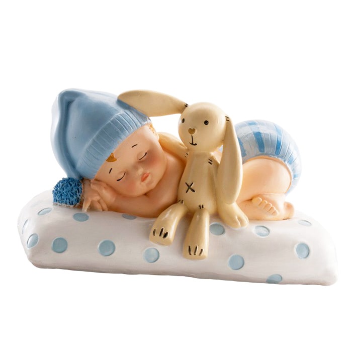 Taartdecoratie - Baby in blauw met knuffel 10 cm