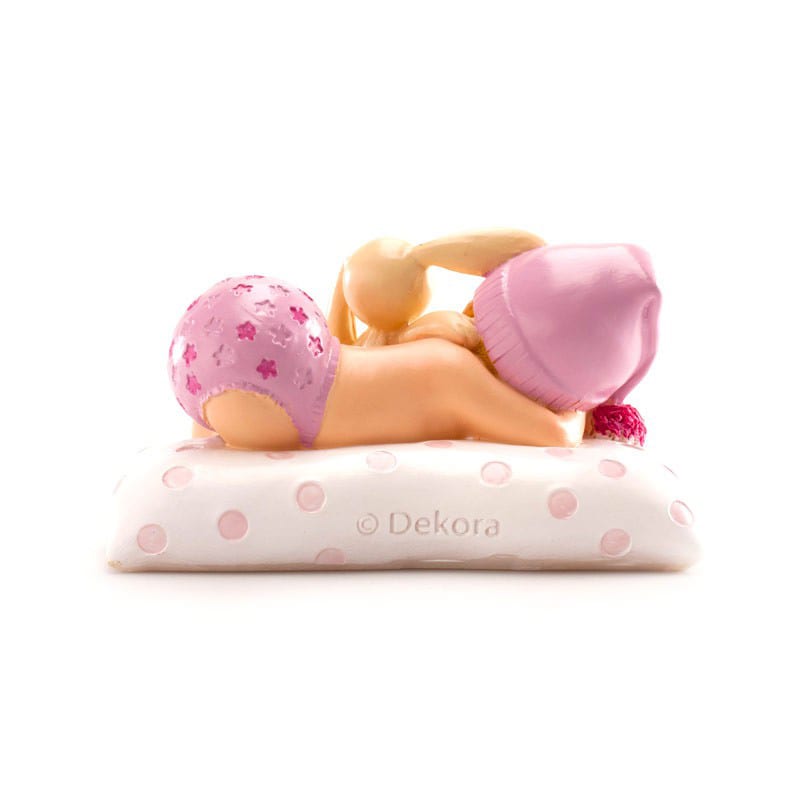 Taartdecoratie - Baby in roze met knuffel 10 cm