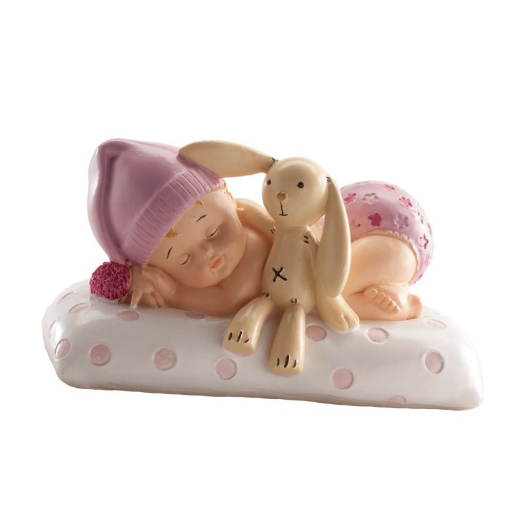 Taartdecoratie - Baby in roze met knuffel 10 cm