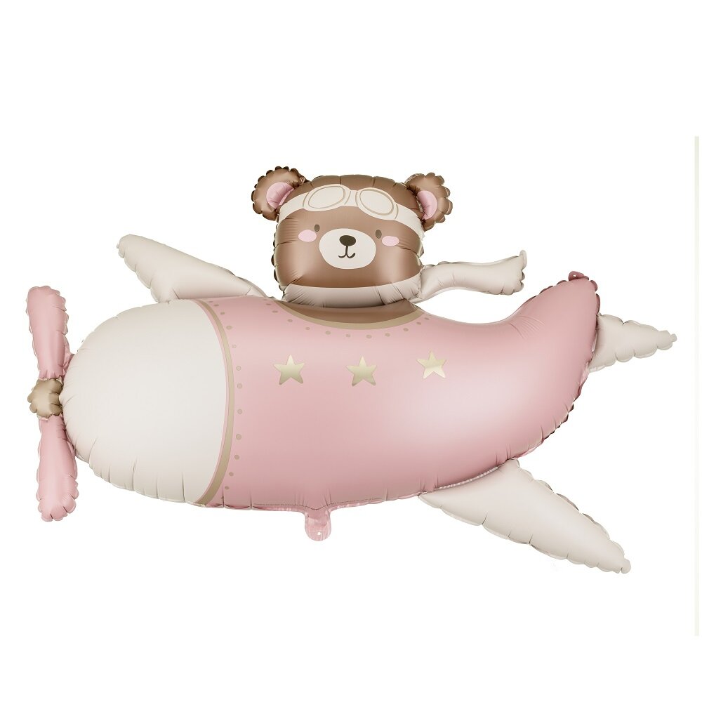 Folieballon Teddybeer in roze vliegtuig 94 cm