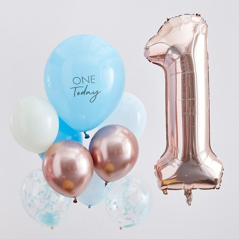 Ballonboeket 1 jaar - Blauw/Roségoud