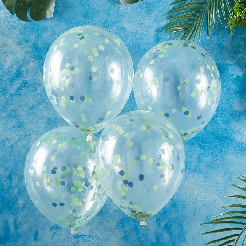 Ballonnen met groene en blauwe confetti 5 stuks