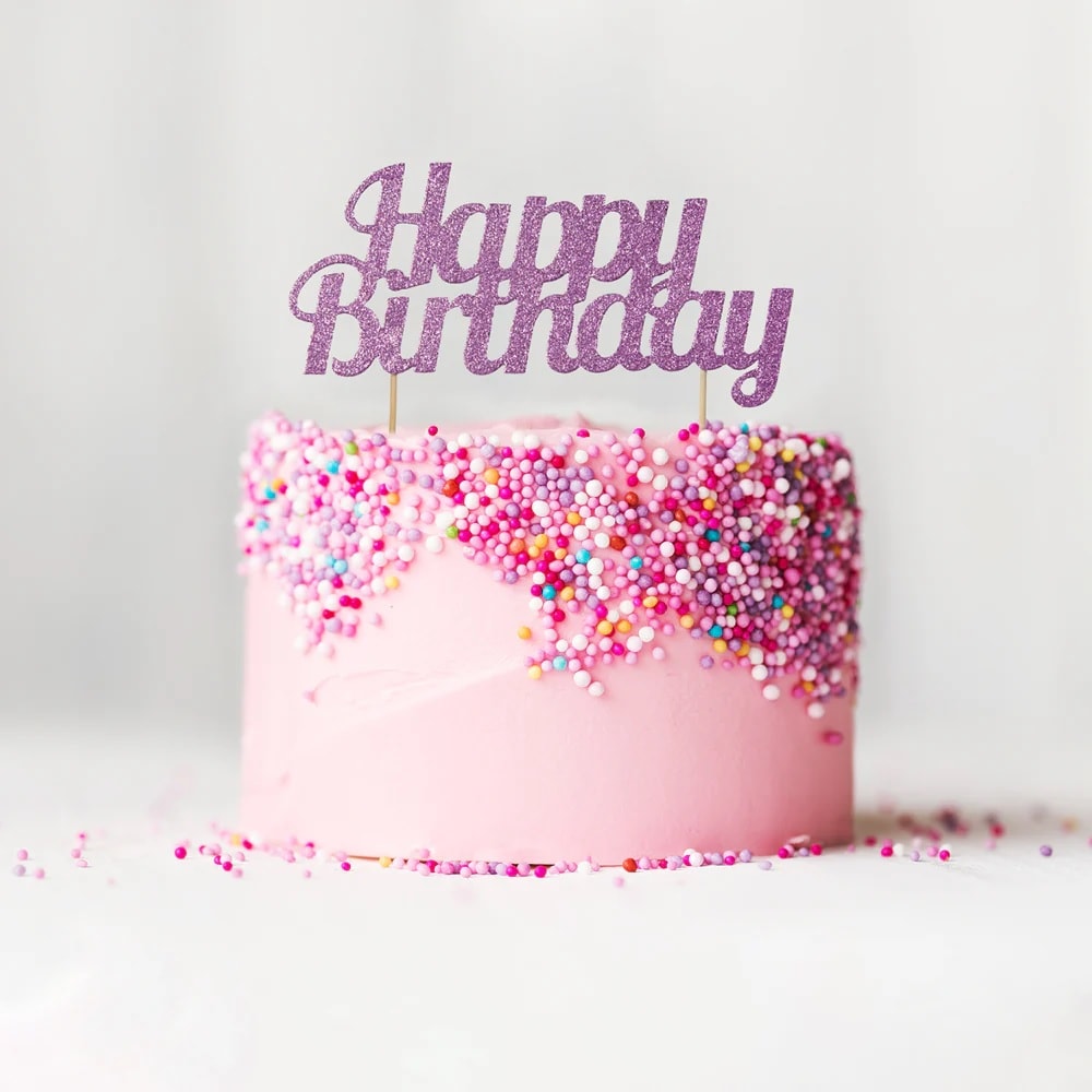 Taartdecoratie Happy Birthday - Roze glitter