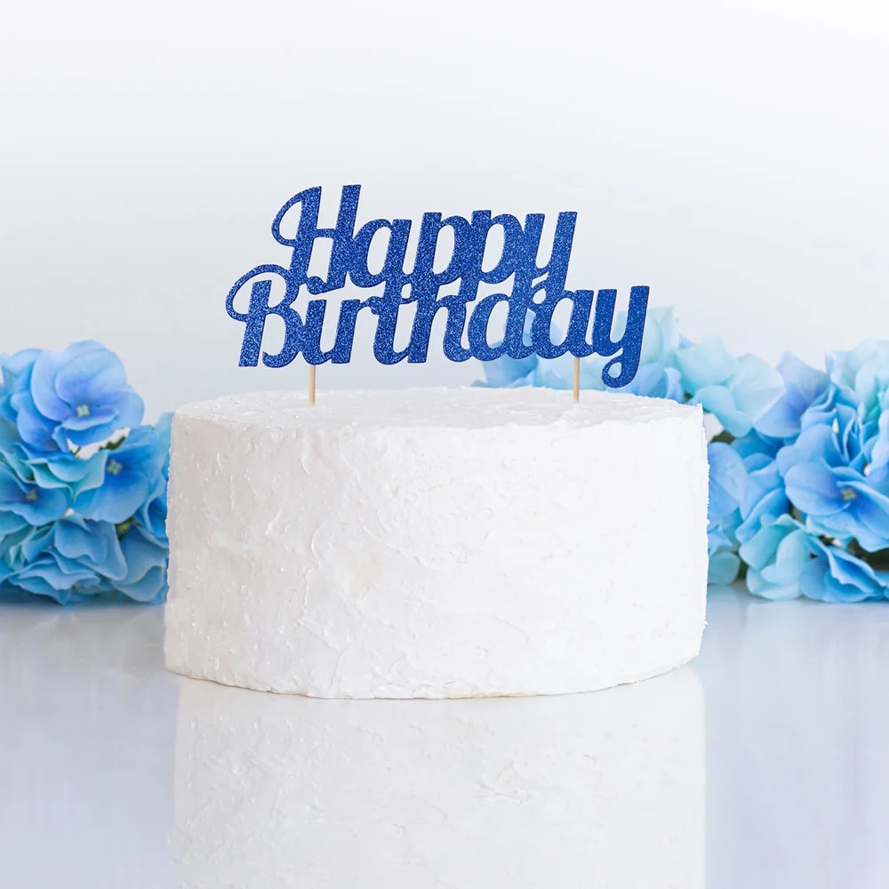 Taartdecoratie Happy Birthday - Blauwe glitter