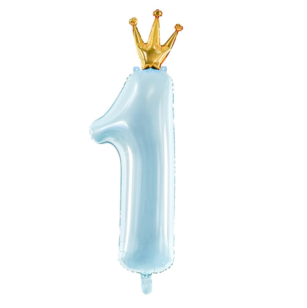 Cijferballon Blauw, 1 jaar met kroon