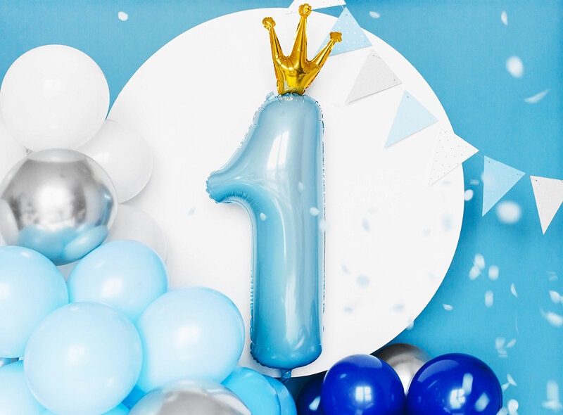 Cijferballon Blauw, 1 jaar met kroon