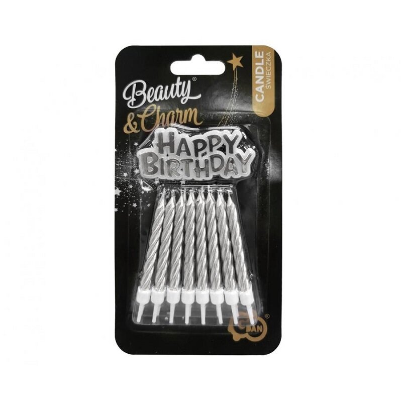 Taart Kaars Zilver 16 stuks met Happy Birthday bord