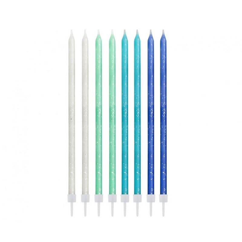 Glinsterende taartkaarsen - Blauwe mix 24 stuks