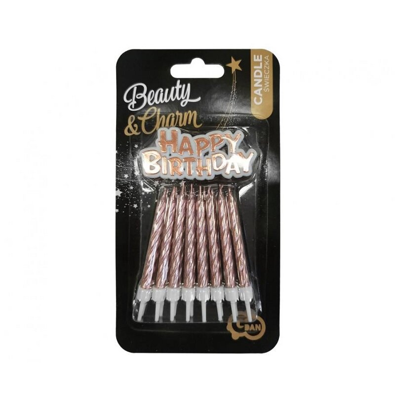 Taartkaars - Roségoud 16 stuks met Happy Birthday bord