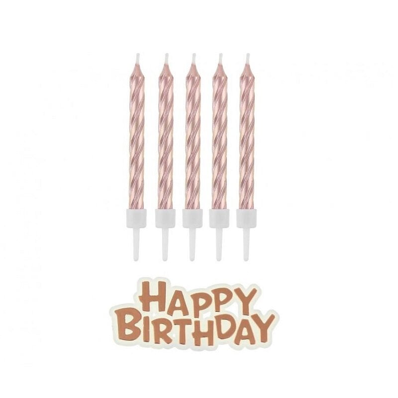 Taartkaars - Roségoud 16 stuks met Happy Birthday bord
