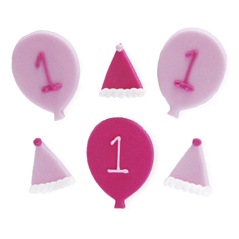 Suikerdecoraties - Ballonnen 1 jaar Roze 6 stuks