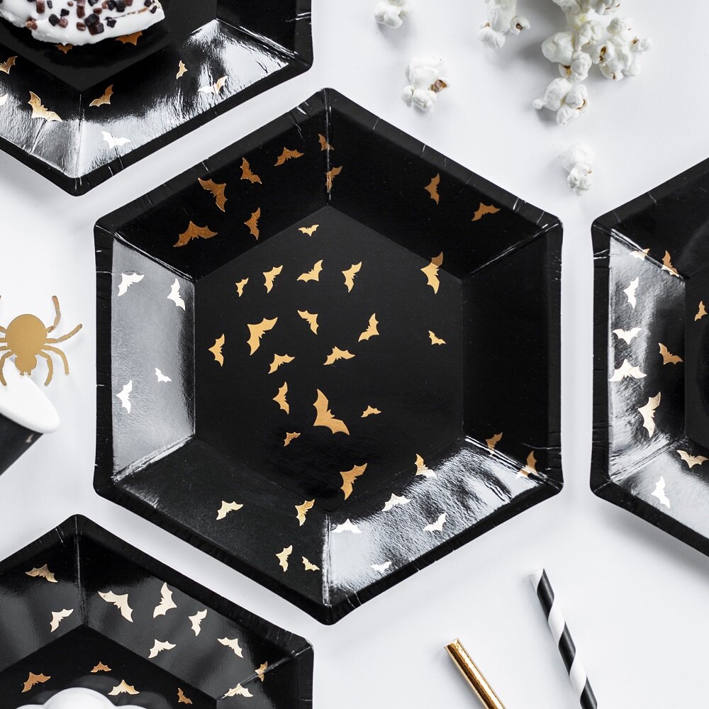 Halloween Papieren Borden met Gouden Vleermuizen 6 stuks