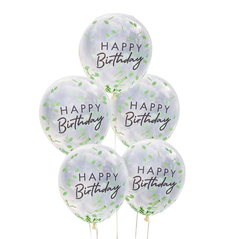 Ballonnen - Happy Birthday met bladconfetti 5 stuks